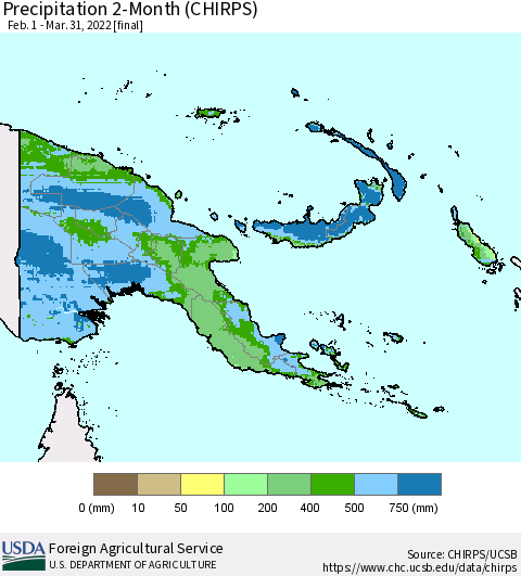 Papua New Guinea Precipitation 2-Month (CHIRPS) Thematic Map For 2/1/2022 - 3/31/2022