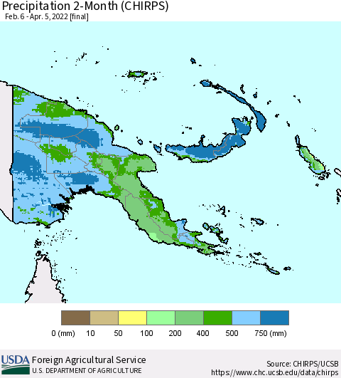 Papua New Guinea Precipitation 2-Month (CHIRPS) Thematic Map For 2/6/2022 - 4/5/2022