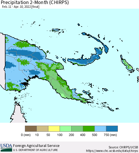 Papua New Guinea Precipitation 2-Month (CHIRPS) Thematic Map For 2/11/2022 - 4/10/2022