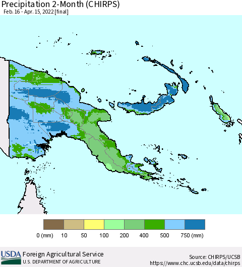 Papua New Guinea Precipitation 2-Month (CHIRPS) Thematic Map For 2/16/2022 - 4/15/2022