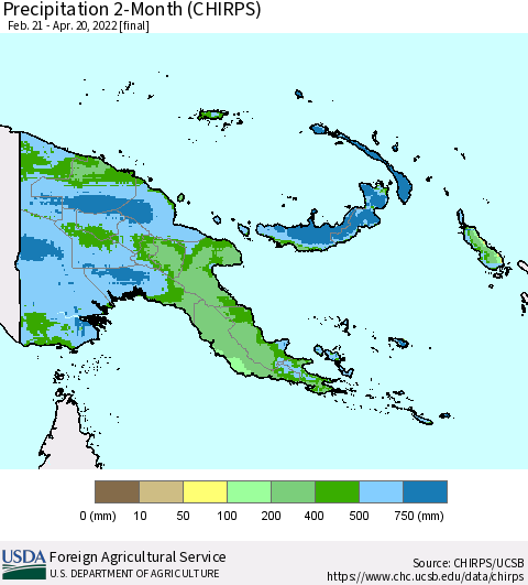 Papua New Guinea Precipitation 2-Month (CHIRPS) Thematic Map For 2/21/2022 - 4/20/2022