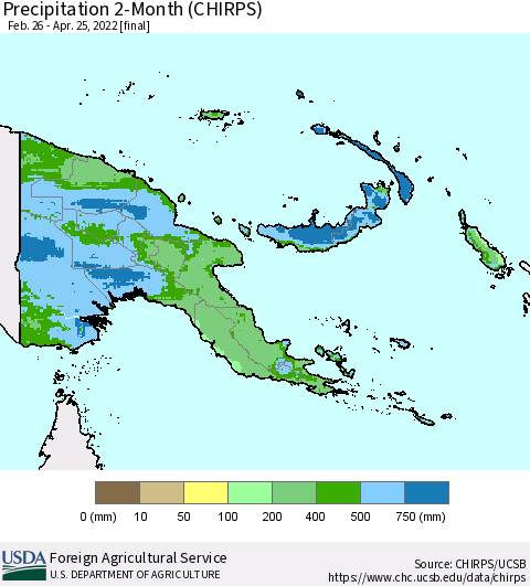 Papua New Guinea Precipitation 2-Month (CHIRPS) Thematic Map For 2/26/2022 - 4/25/2022