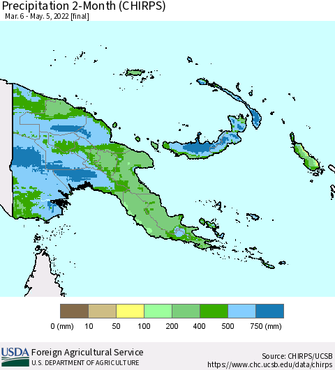Papua New Guinea Precipitation 2-Month (CHIRPS) Thematic Map For 3/6/2022 - 5/5/2022