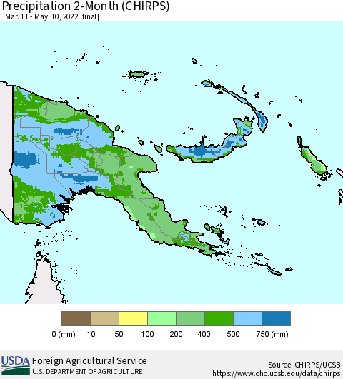 Papua New Guinea Precipitation 2-Month (CHIRPS) Thematic Map For 3/11/2022 - 5/10/2022