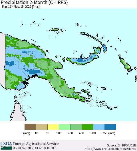 Papua New Guinea Precipitation 2-Month (CHIRPS) Thematic Map For 3/16/2022 - 5/15/2022