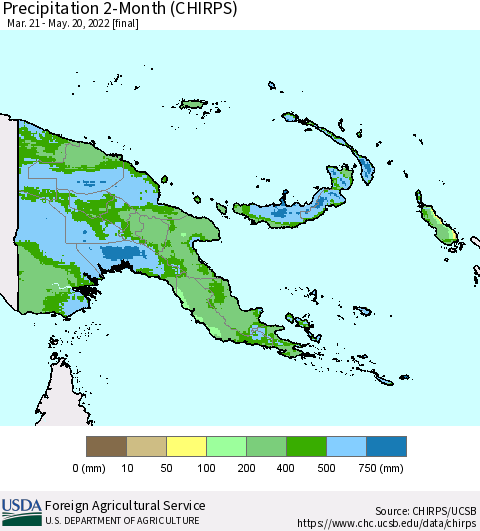 Papua New Guinea Precipitation 2-Month (CHIRPS) Thematic Map For 3/21/2022 - 5/20/2022