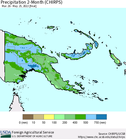 Papua New Guinea Precipitation 2-Month (CHIRPS) Thematic Map For 3/26/2022 - 5/25/2022