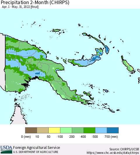 Papua New Guinea Precipitation 2-Month (CHIRPS) Thematic Map For 4/1/2022 - 5/31/2022