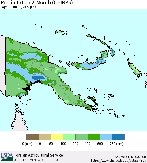Papua New Guinea Precipitation 2-Month (CHIRPS) Thematic Map For 4/6/2022 - 6/5/2022