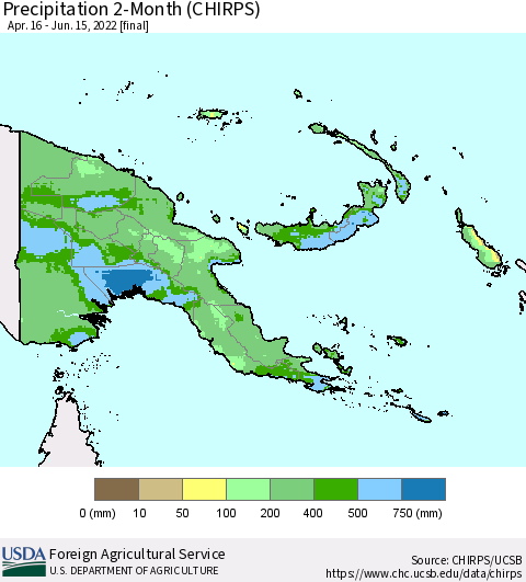 Papua New Guinea Precipitation 2-Month (CHIRPS) Thematic Map For 4/16/2022 - 6/15/2022