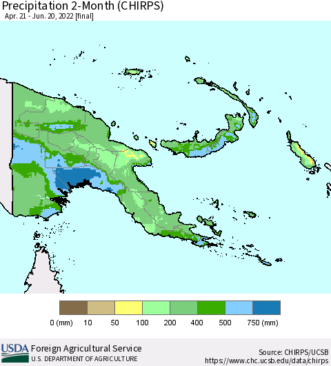 Papua New Guinea Precipitation 2-Month (CHIRPS) Thematic Map For 4/21/2022 - 6/20/2022