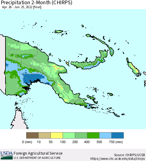 Papua New Guinea Precipitation 2-Month (CHIRPS) Thematic Map For 4/26/2022 - 6/25/2022
