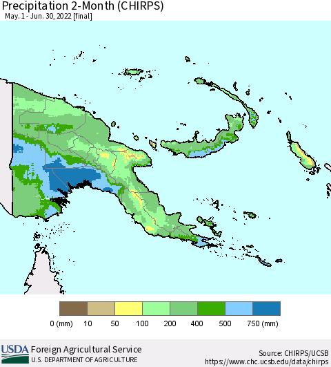 Papua New Guinea Precipitation 2-Month (CHIRPS) Thematic Map For 5/1/2022 - 6/30/2022