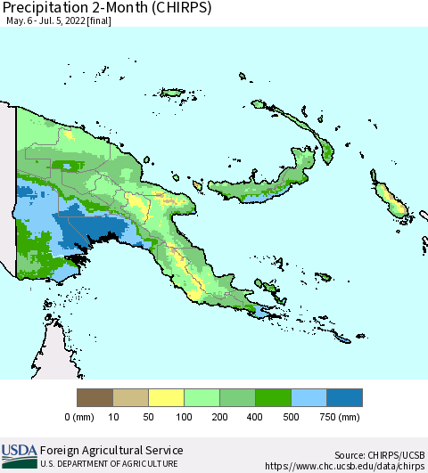 Papua New Guinea Precipitation 2-Month (CHIRPS) Thematic Map For 5/6/2022 - 7/5/2022