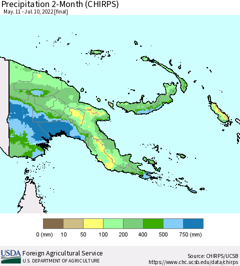 Papua New Guinea Precipitation 2-Month (CHIRPS) Thematic Map For 5/11/2022 - 7/10/2022