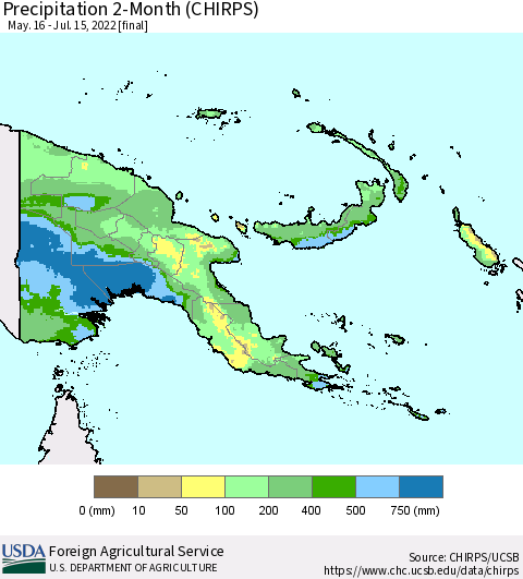 Papua New Guinea Precipitation 2-Month (CHIRPS) Thematic Map For 5/16/2022 - 7/15/2022