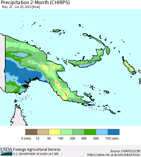 Papua New Guinea Precipitation 2-Month (CHIRPS) Thematic Map For 5/21/2022 - 7/20/2022