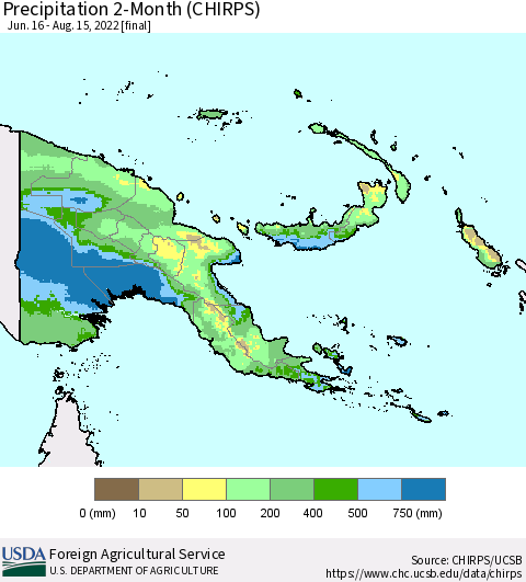 Papua New Guinea Precipitation 2-Month (CHIRPS) Thematic Map For 6/16/2022 - 8/15/2022