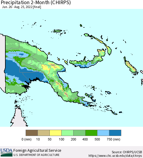 Papua New Guinea Precipitation 2-Month (CHIRPS) Thematic Map For 6/26/2022 - 8/25/2022
