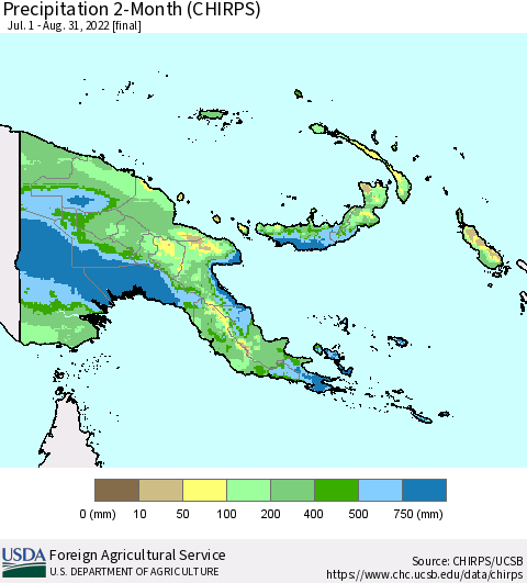 Papua New Guinea Precipitation 2-Month (CHIRPS) Thematic Map For 7/1/2022 - 8/31/2022