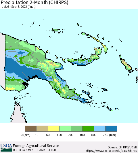 Papua New Guinea Precipitation 2-Month (CHIRPS) Thematic Map For 7/6/2022 - 9/5/2022
