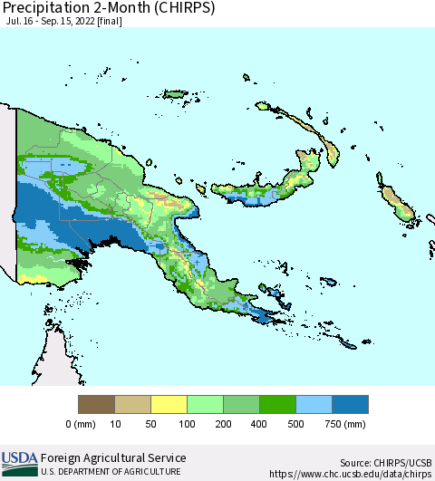 Papua New Guinea Precipitation 2-Month (CHIRPS) Thematic Map For 7/16/2022 - 9/15/2022