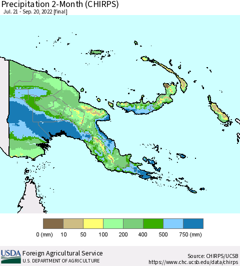 Papua New Guinea Precipitation 2-Month (CHIRPS) Thematic Map For 7/21/2022 - 9/20/2022