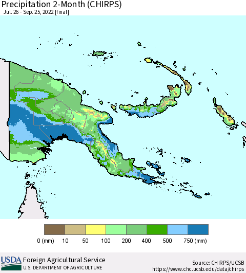 Papua New Guinea Precipitation 2-Month (CHIRPS) Thematic Map For 7/26/2022 - 9/25/2022