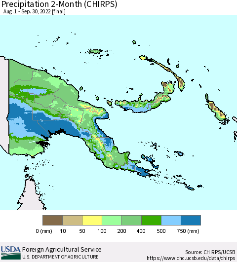 Papua New Guinea Precipitation 2-Month (CHIRPS) Thematic Map For 8/1/2022 - 9/30/2022