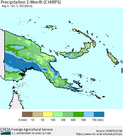 Papua New Guinea Precipitation 2-Month (CHIRPS) Thematic Map For 8/6/2022 - 10/5/2022
