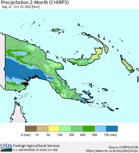 Papua New Guinea Precipitation 2-Month (CHIRPS) Thematic Map For 8/21/2022 - 10/20/2022