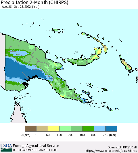 Papua New Guinea Precipitation 2-Month (CHIRPS) Thematic Map For 8/26/2022 - 10/25/2022