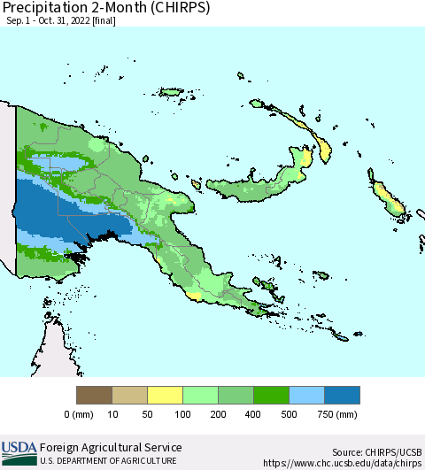 Papua New Guinea Precipitation 2-Month (CHIRPS) Thematic Map For 9/1/2022 - 10/31/2022