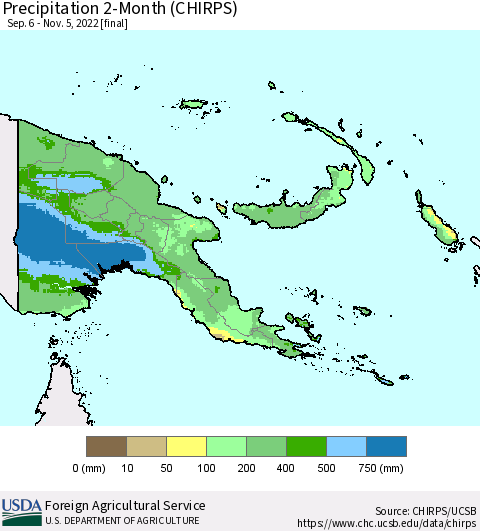 Papua New Guinea Precipitation 2-Month (CHIRPS) Thematic Map For 9/6/2022 - 11/5/2022