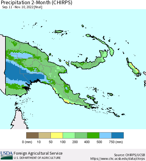Papua New Guinea Precipitation 2-Month (CHIRPS) Thematic Map For 9/11/2022 - 11/10/2022