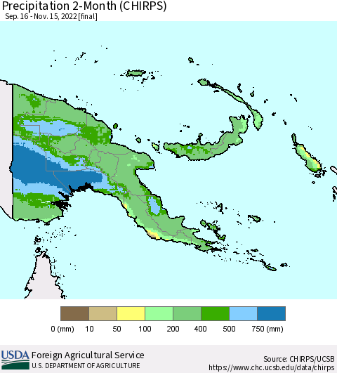 Papua New Guinea Precipitation 2-Month (CHIRPS) Thematic Map For 9/16/2022 - 11/15/2022