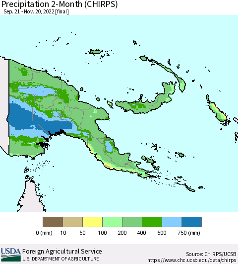 Papua New Guinea Precipitation 2-Month (CHIRPS) Thematic Map For 9/21/2022 - 11/20/2022
