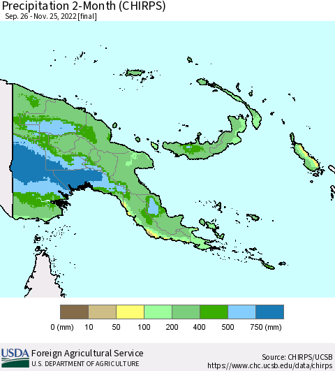 Papua New Guinea Precipitation 2-Month (CHIRPS) Thematic Map For 9/26/2022 - 11/25/2022