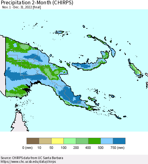 Papua New Guinea Precipitation 2-Month (CHIRPS) Thematic Map For 11/1/2022 - 12/31/2022