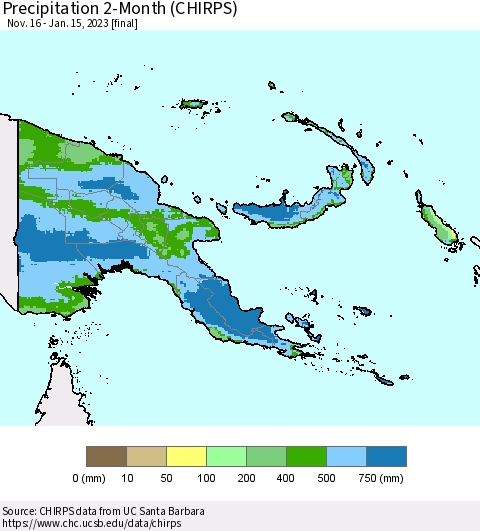 Papua New Guinea Precipitation 2-Month (CHIRPS) Thematic Map For 11/16/2022 - 1/15/2023