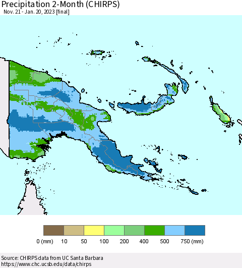 Papua New Guinea Precipitation 2-Month (CHIRPS) Thematic Map For 11/21/2022 - 1/20/2023