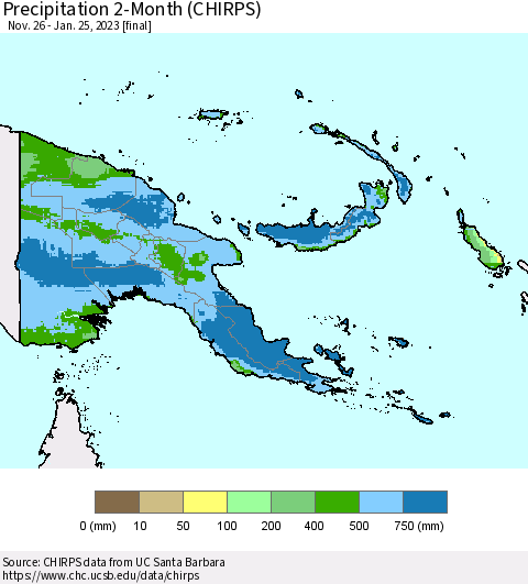 Papua New Guinea Precipitation 2-Month (CHIRPS) Thematic Map For 11/26/2022 - 1/25/2023