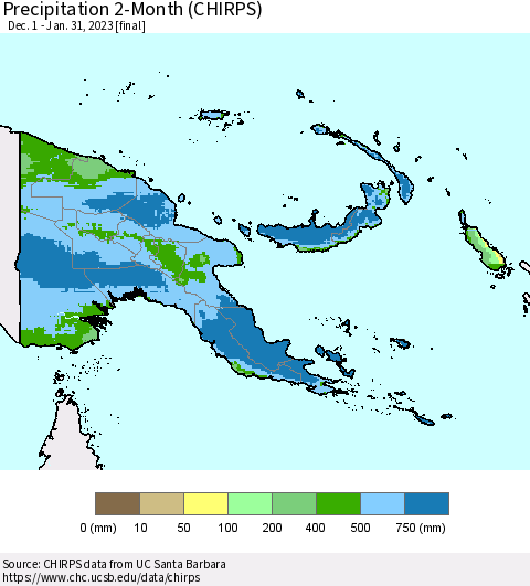Papua New Guinea Precipitation 2-Month (CHIRPS) Thematic Map For 12/1/2022 - 1/31/2023