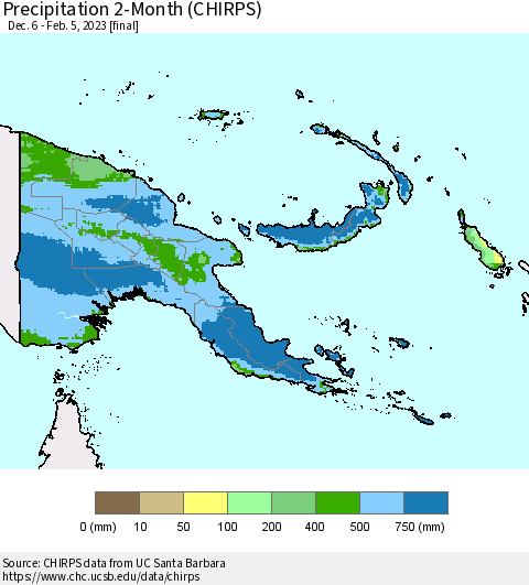Papua New Guinea Precipitation 2-Month (CHIRPS) Thematic Map For 12/6/2022 - 2/5/2023