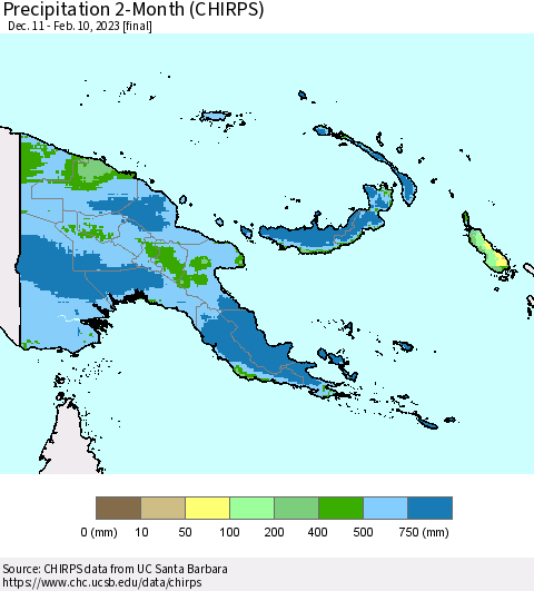 Papua New Guinea Precipitation 2-Month (CHIRPS) Thematic Map For 12/11/2022 - 2/10/2023