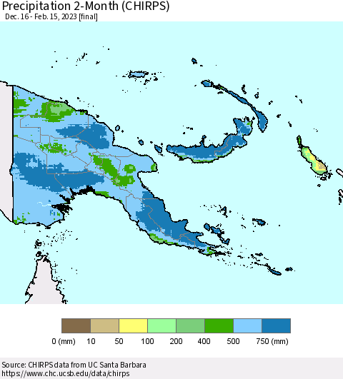 Papua New Guinea Precipitation 2-Month (CHIRPS) Thematic Map For 12/16/2022 - 2/15/2023