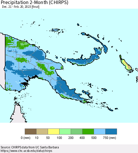 Papua New Guinea Precipitation 2-Month (CHIRPS) Thematic Map For 12/21/2022 - 2/20/2023