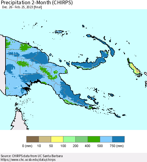 Papua New Guinea Precipitation 2-Month (CHIRPS) Thematic Map For 12/26/2022 - 2/25/2023