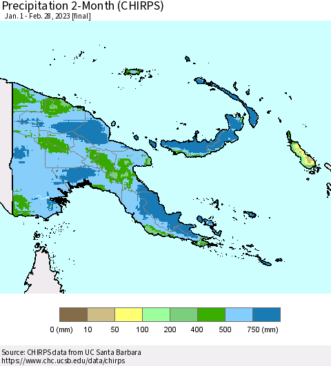 Papua New Guinea Precipitation 2-Month (CHIRPS) Thematic Map For 1/1/2023 - 2/28/2023