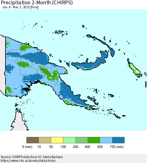 Papua New Guinea Precipitation 2-Month (CHIRPS) Thematic Map For 1/6/2023 - 3/5/2023
